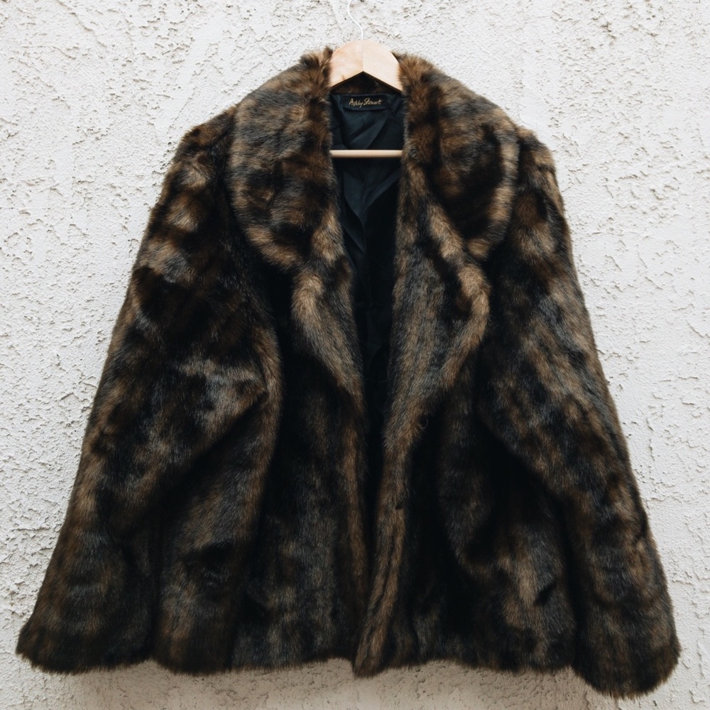 ASHLEY STEWART BLACK/BROWN FUR COAT